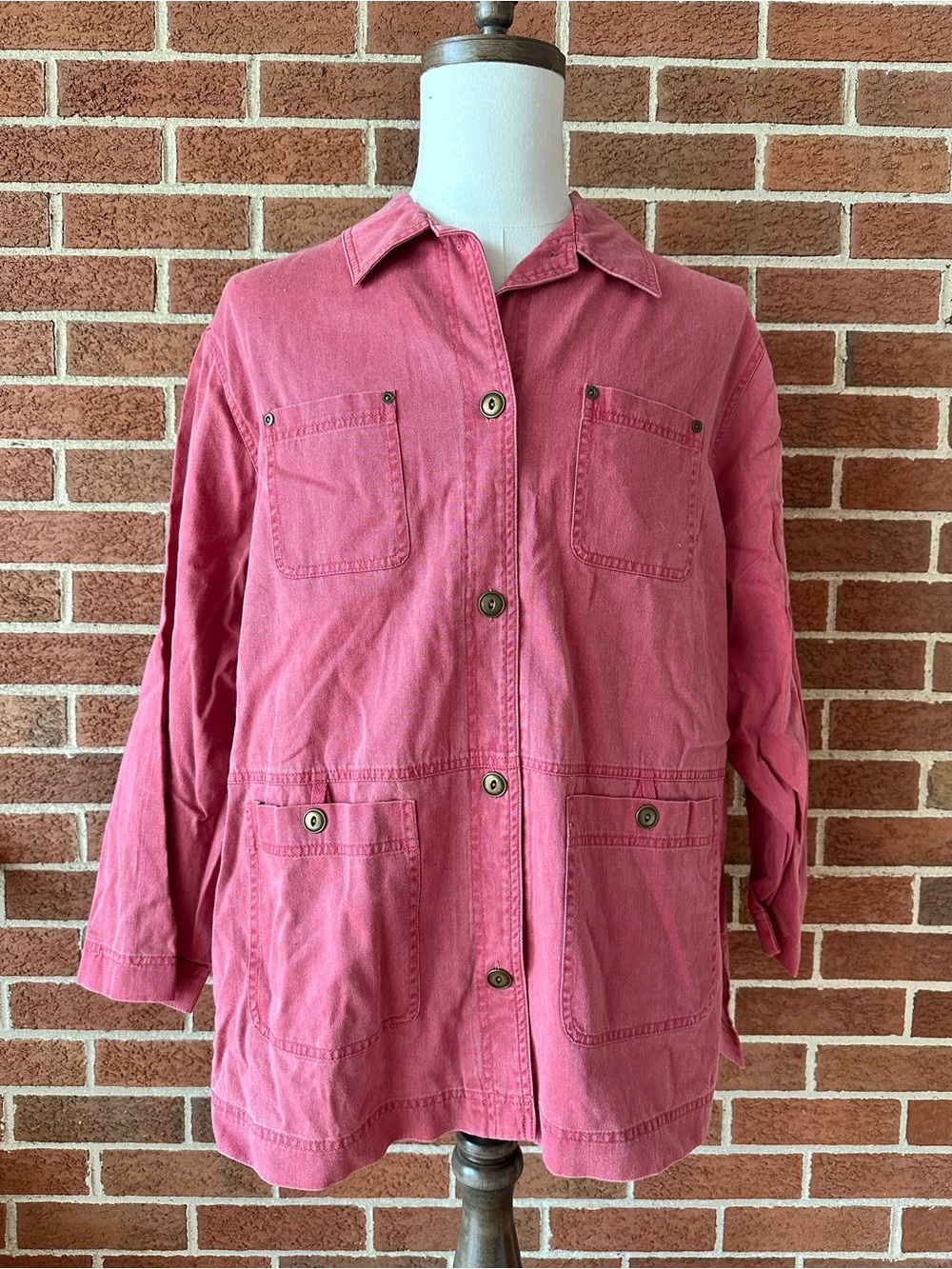Susan Bristol Casuals Red Pink Denim Cotton Button Up Utility Shirt, XL